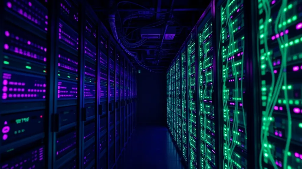 A dark, high-tech digital archive storage room with glowing