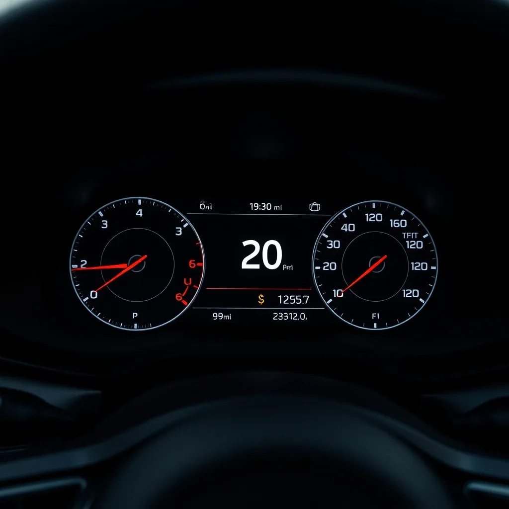 Modern car digital dashboard showing fuel consumption and te