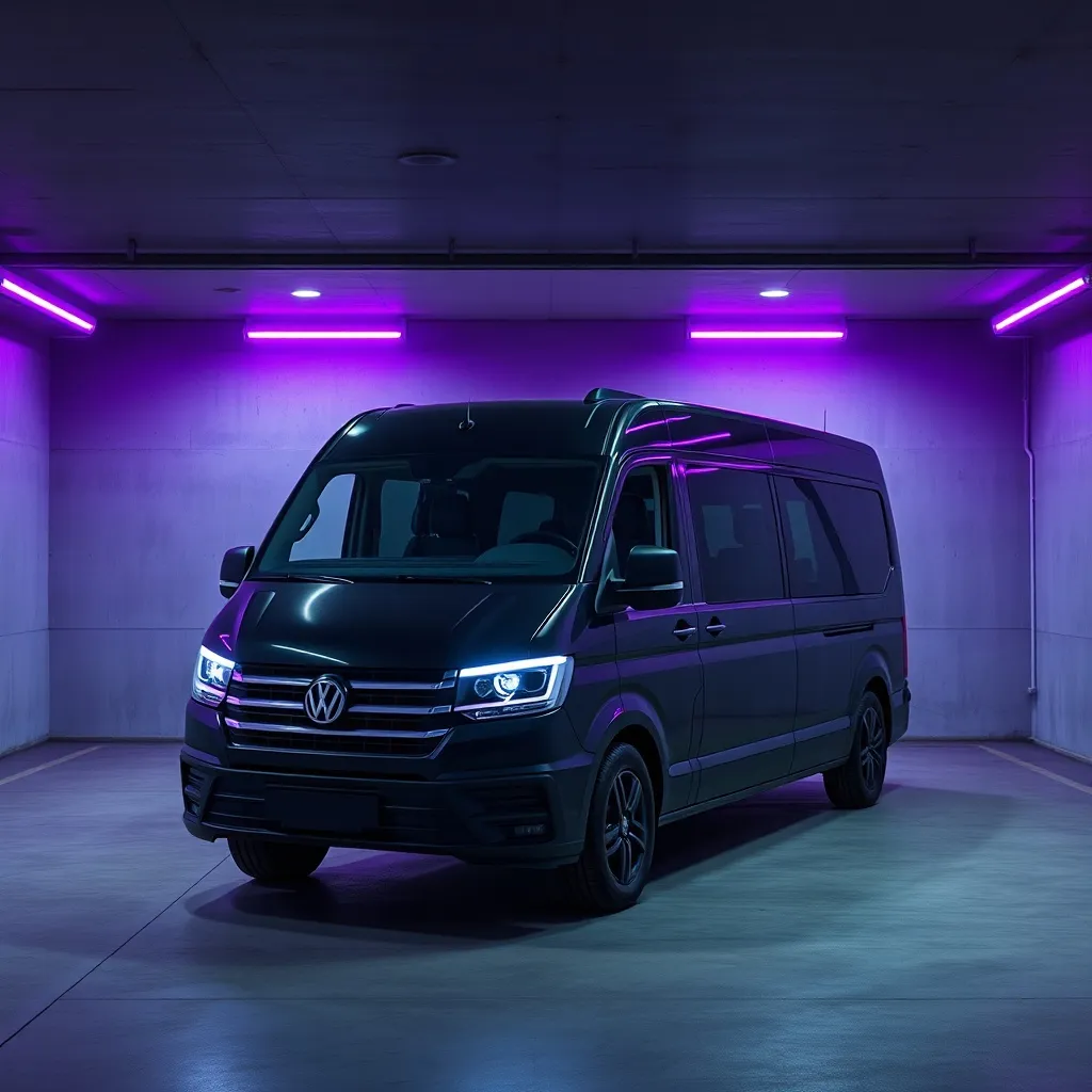 A dark, modern seven-seater family van parked in a minimalis